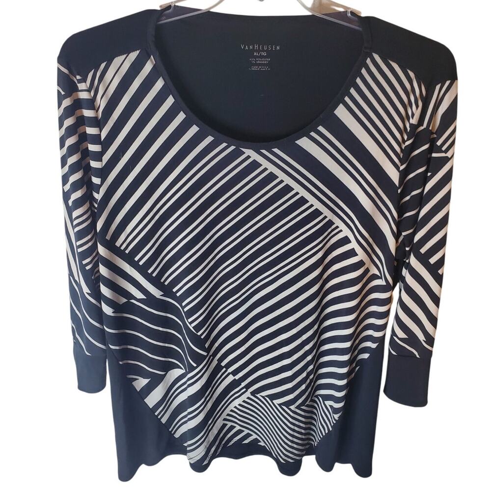 Van Heusen Cream/Black linear 3/4 Sleeve Top, XL